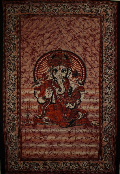 Red Ganesha Holding Lotus Flower – Batik Style Tie-Dye Tapestry