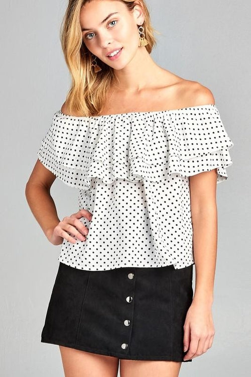 Charming Off-Shoulder Polka Dot Top with Ruffle Details