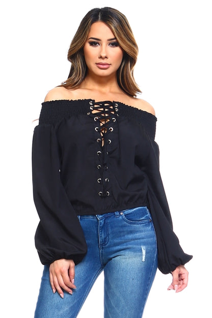 Stylish Off-Shoulder Long Sleeve Top with Lace-Up Front Detail