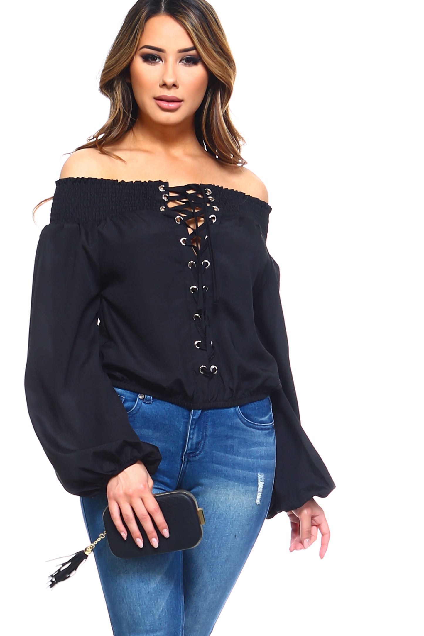 Stylish Off-Shoulder Long Sleeve Top with Lace-Up Front Detail