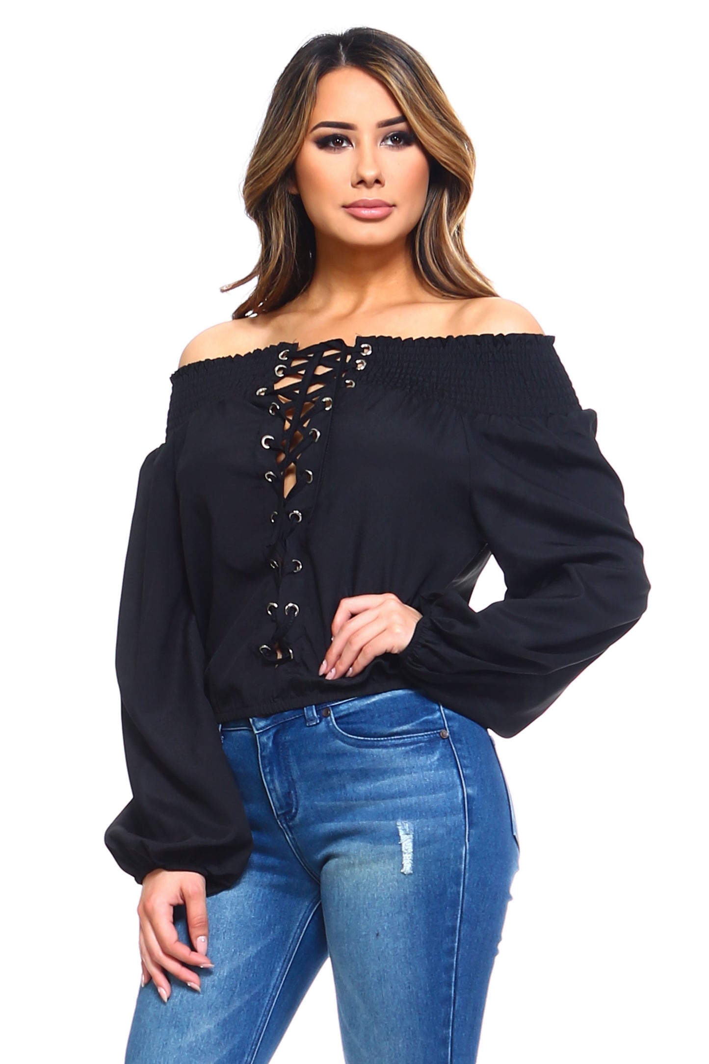 Stylish Off-Shoulder Long Sleeve Top with Lace-Up Front Detail