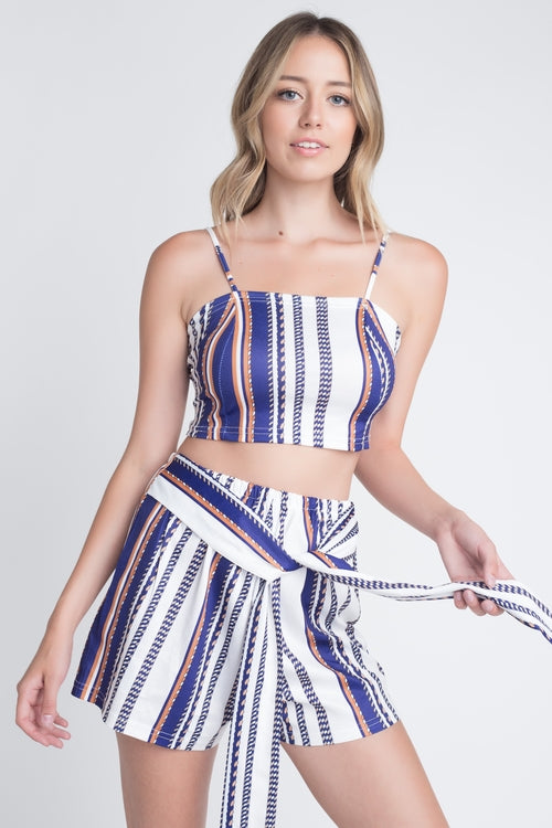 Chic Two-Piece Set with Striped Print and Front Tie Detail