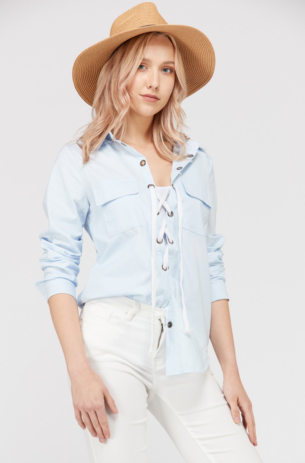 Casual-Chic Lace-Up Top with Pocket Detail