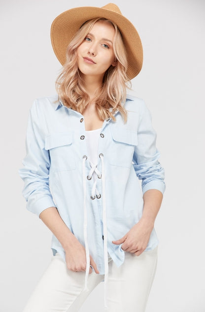 Casual-Chic Lace-Up Top with Pocket Detail