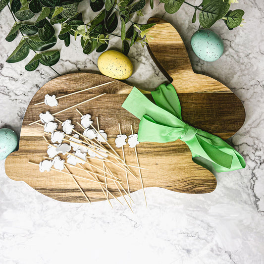 Acacia Wood Bunny Cutting Board with 20 Bunny Picks – Perfect for Easter Celebrations