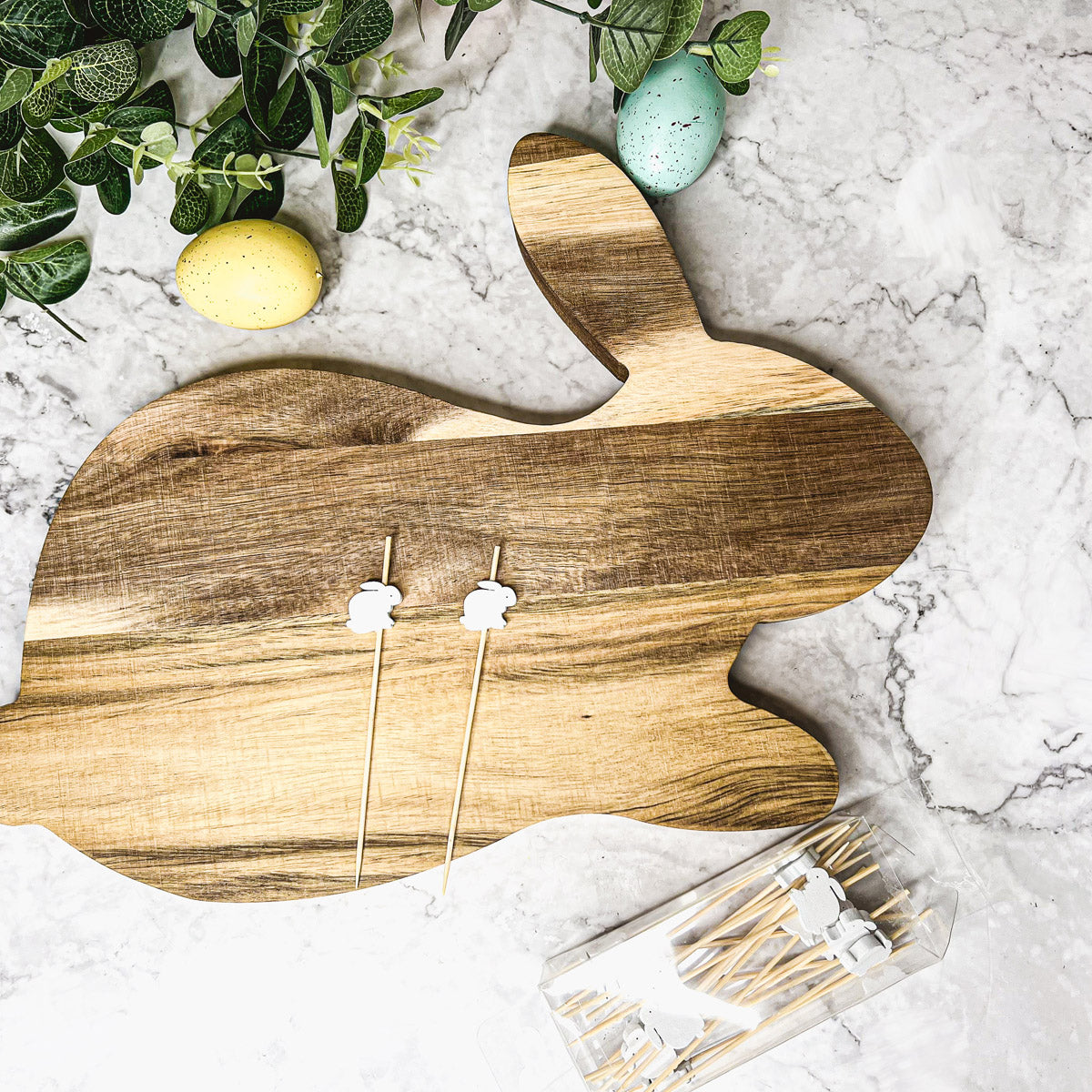 Acacia Wood Bunny Cutting Board with 20 Bunny Picks – Perfect for Easter Celebrations