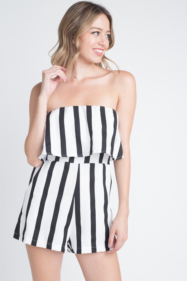 Effortless Strapless Striped Romper with Handy Pockets