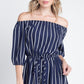 Chic Off-Shoulder Striped Romper with 3/4 Sleeves and Tie Waist