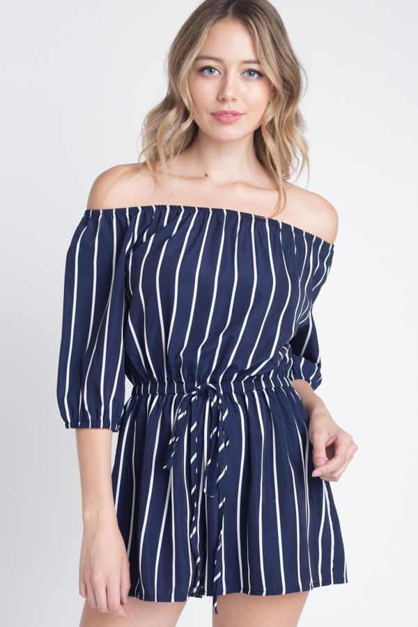 Chic Off-Shoulder Striped Romper with 3/4 Sleeves and Tie Waist