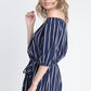 Chic Off-Shoulder Striped Romper with 3/4 Sleeves and Tie Waist