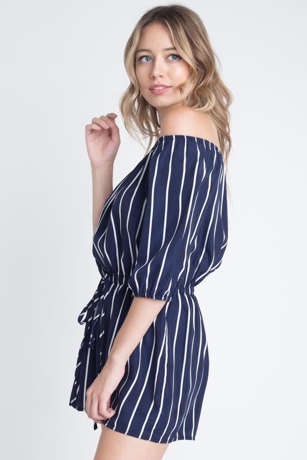 Chic Off-Shoulder Striped Romper with 3/4 Sleeves and Tie Waist