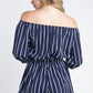 Chic Off-Shoulder Striped Romper with 3/4 Sleeves and Tie Waist