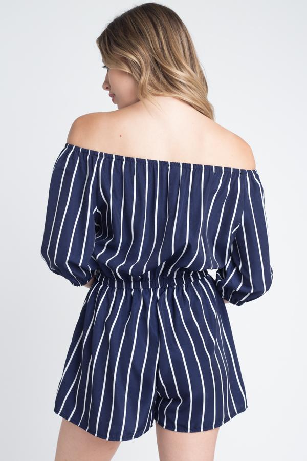 Chic Off-Shoulder Striped Romper with 3/4 Sleeves and Tie Waist