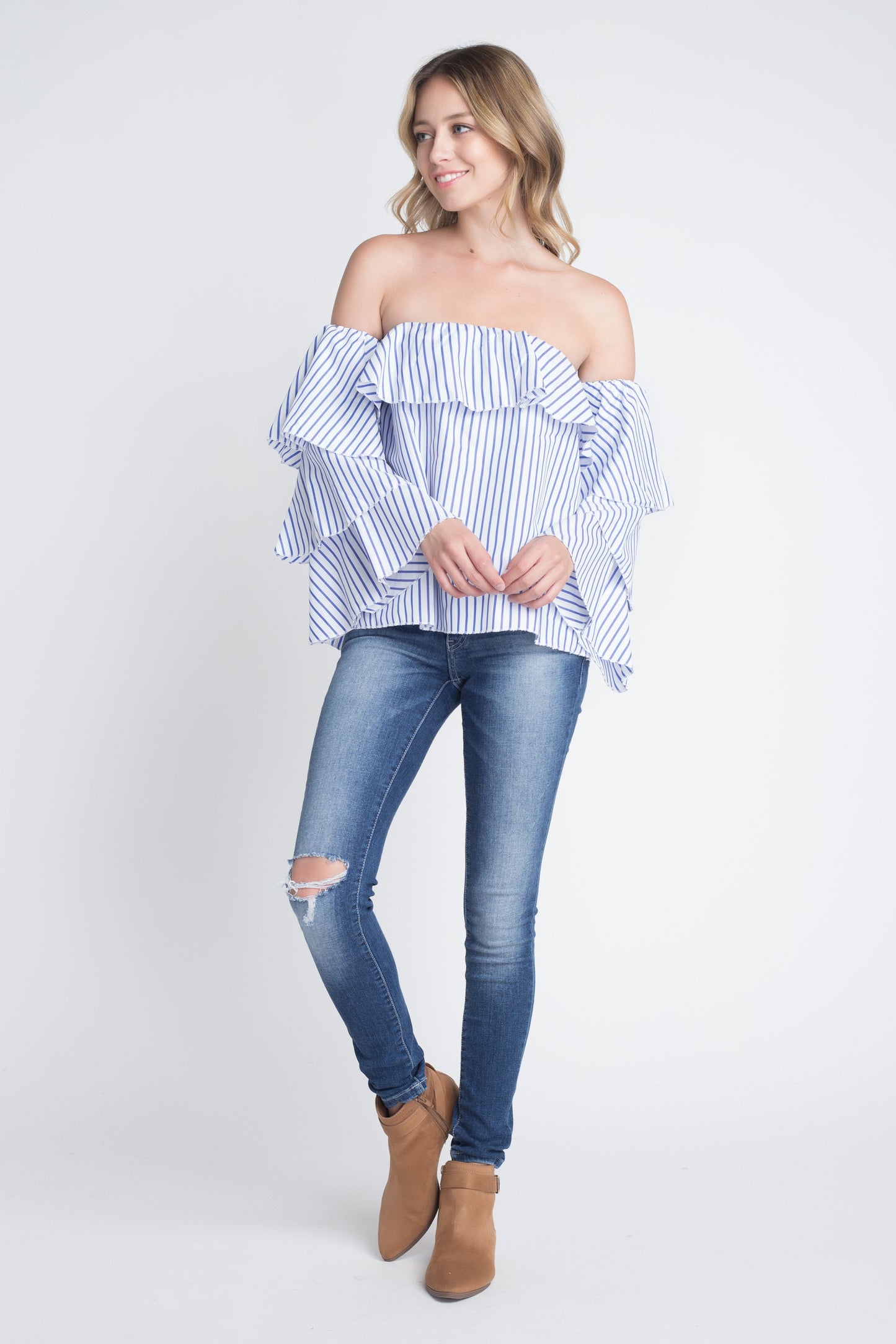 Chic Shoulder Stripe Ruffle Long Sleeve Top