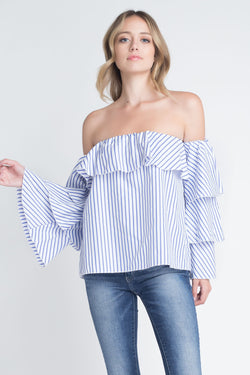 Chic Shoulder Stripe Ruffle Long Sleeve Top