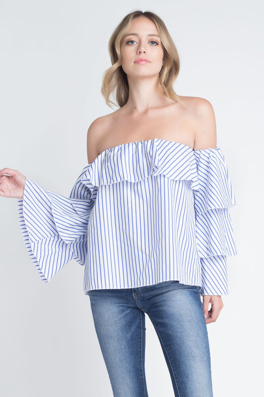 Chic Shoulder Stripe Ruffle Long Sleeve Top