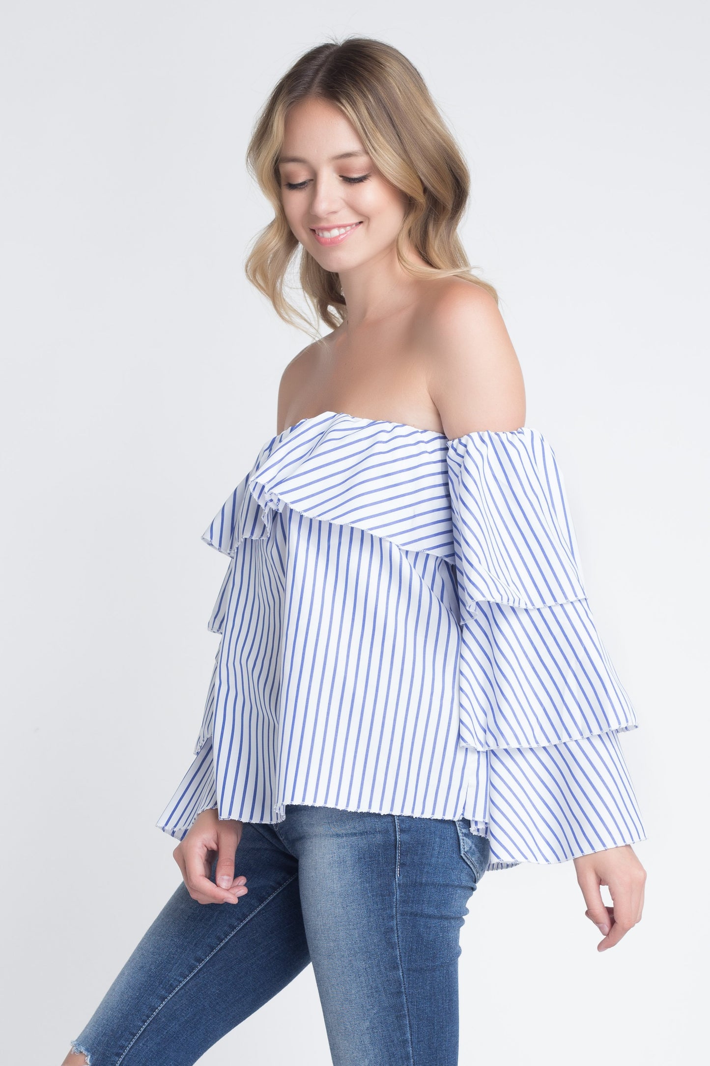 Chic Shoulder Stripe Ruffle Long Sleeve Top