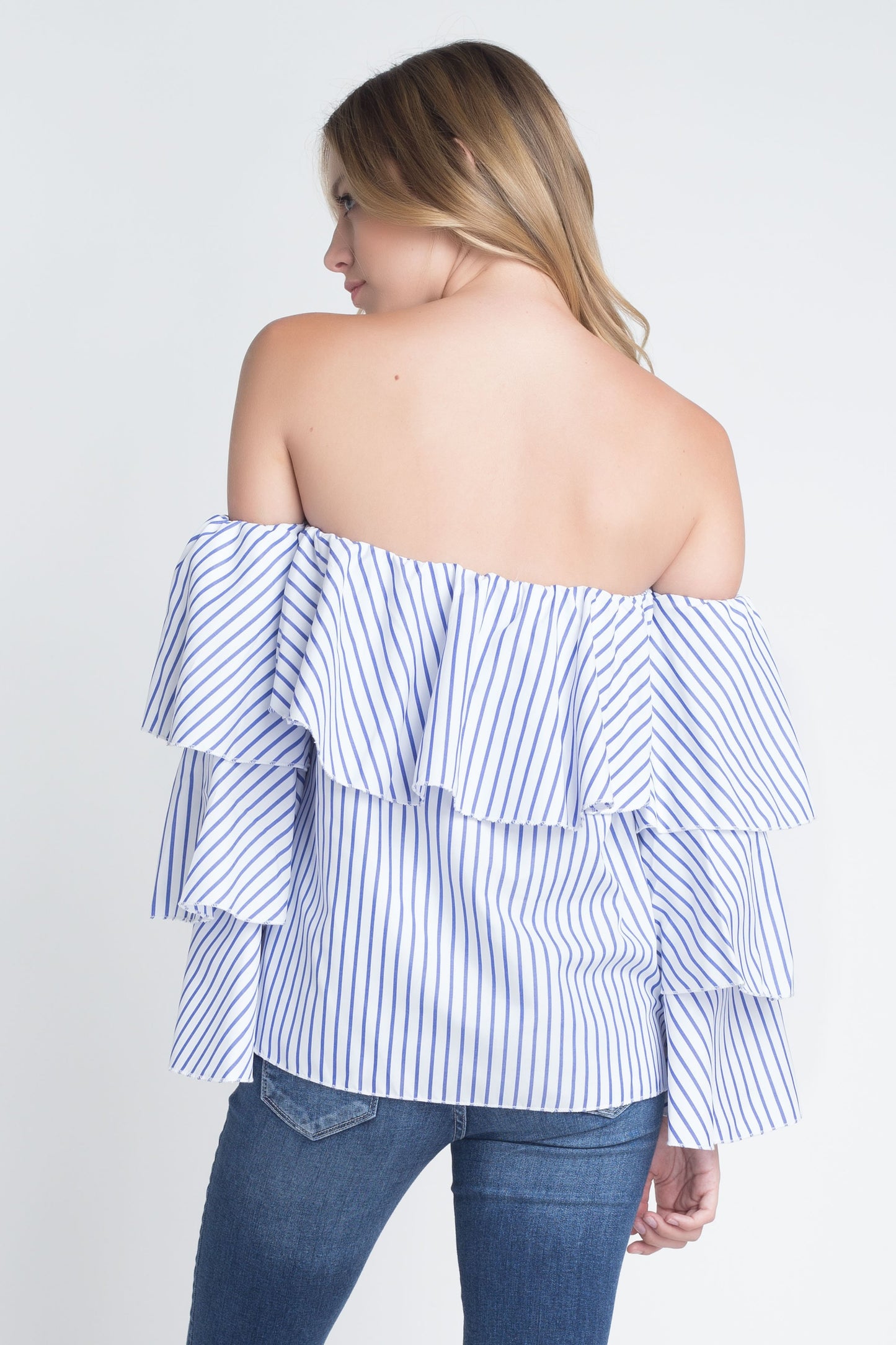 Chic Shoulder Stripe Ruffle Long Sleeve Top