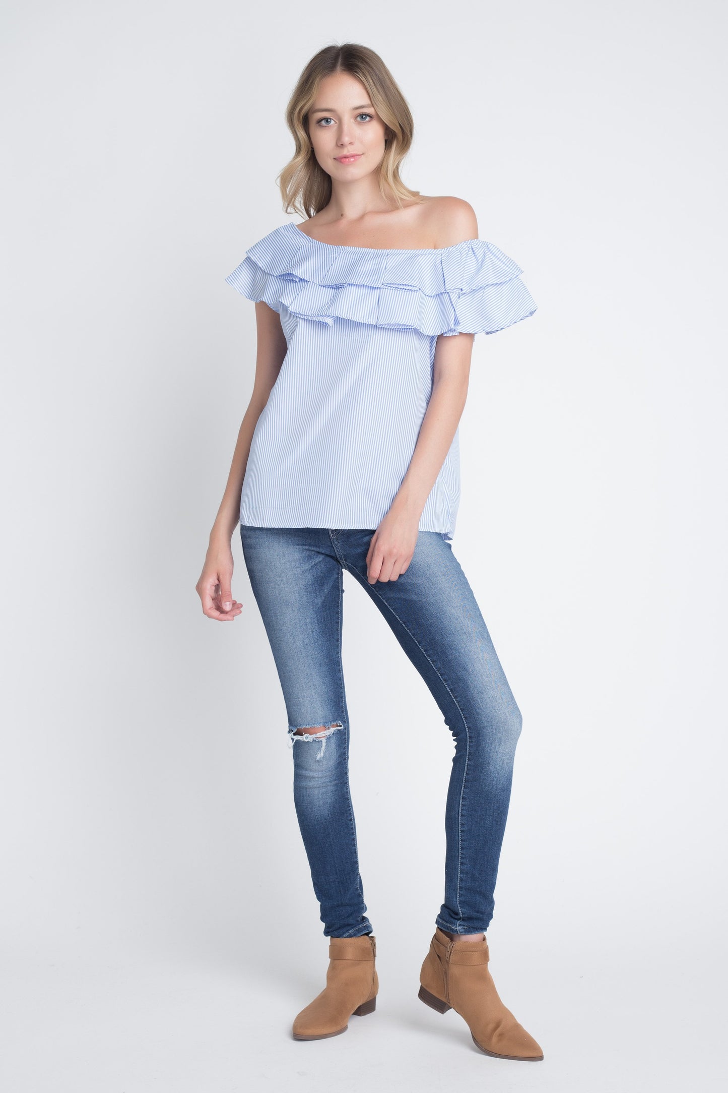 Off-Shoulder Striped Top with Ruffled Neckline