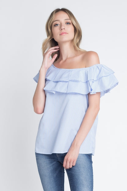 Off-Shoulder Striped Top with Ruffled Neckline