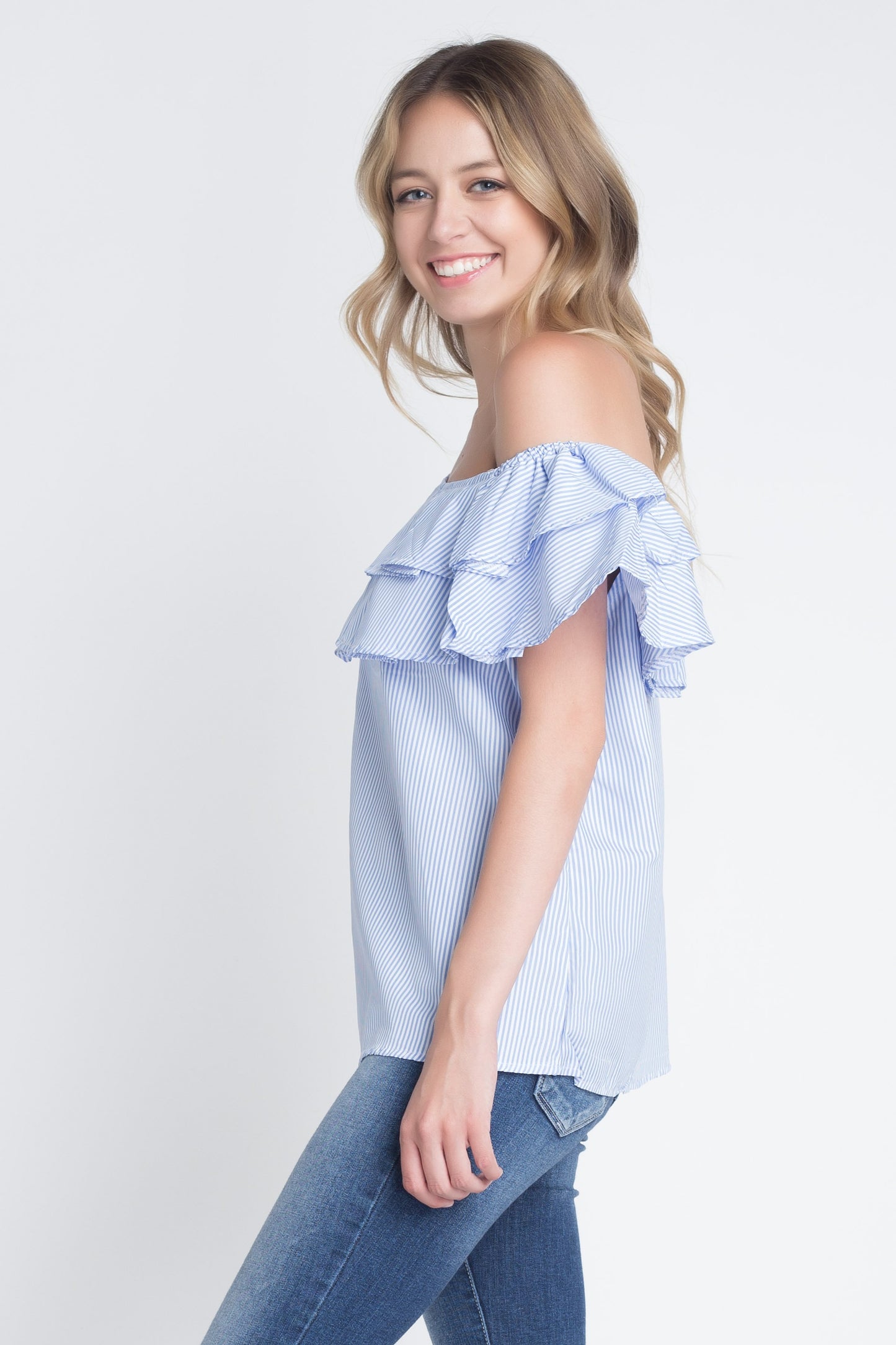 Off-Shoulder Striped Top with Ruffled Neckline