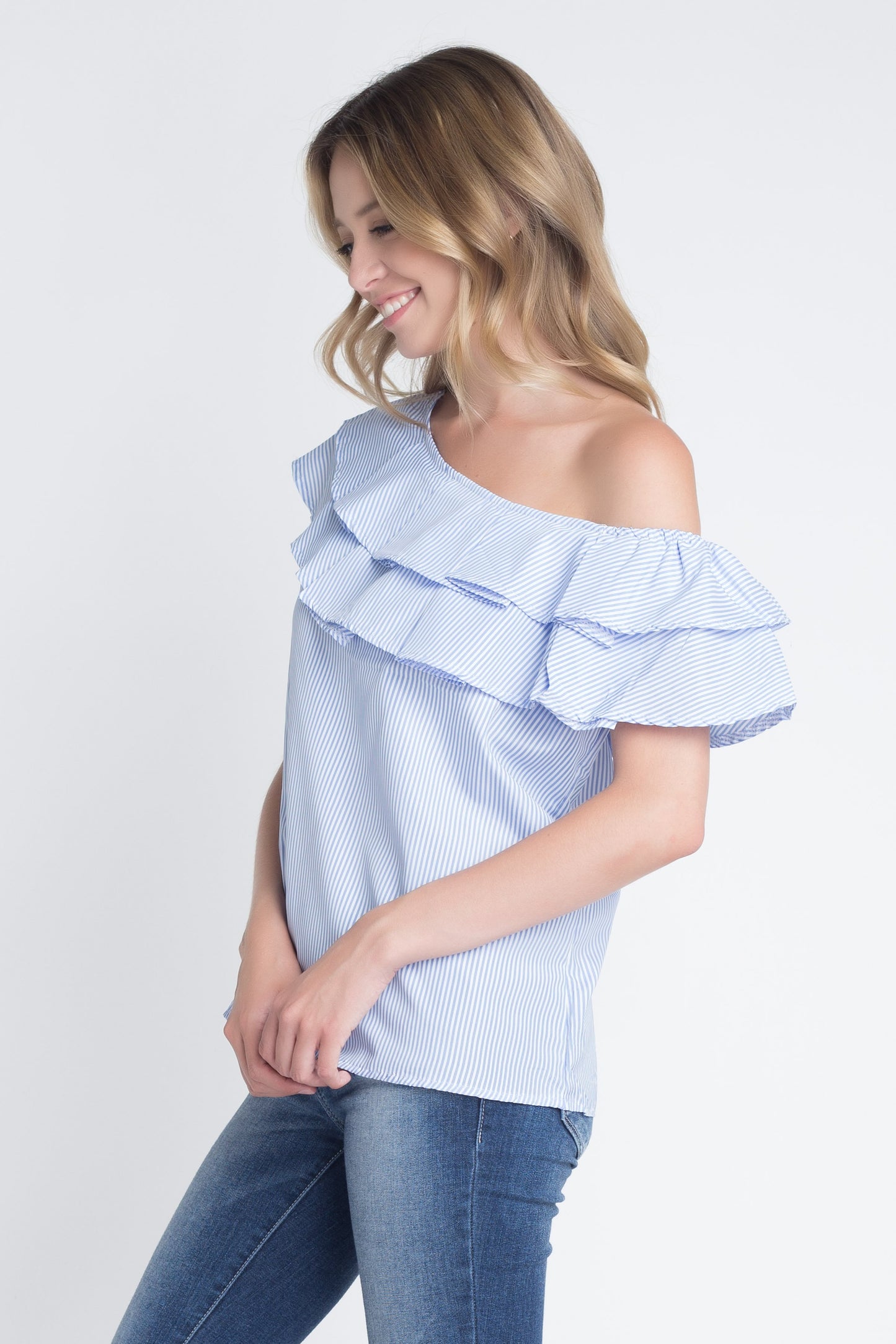 Off-Shoulder Striped Top with Ruffled Neckline