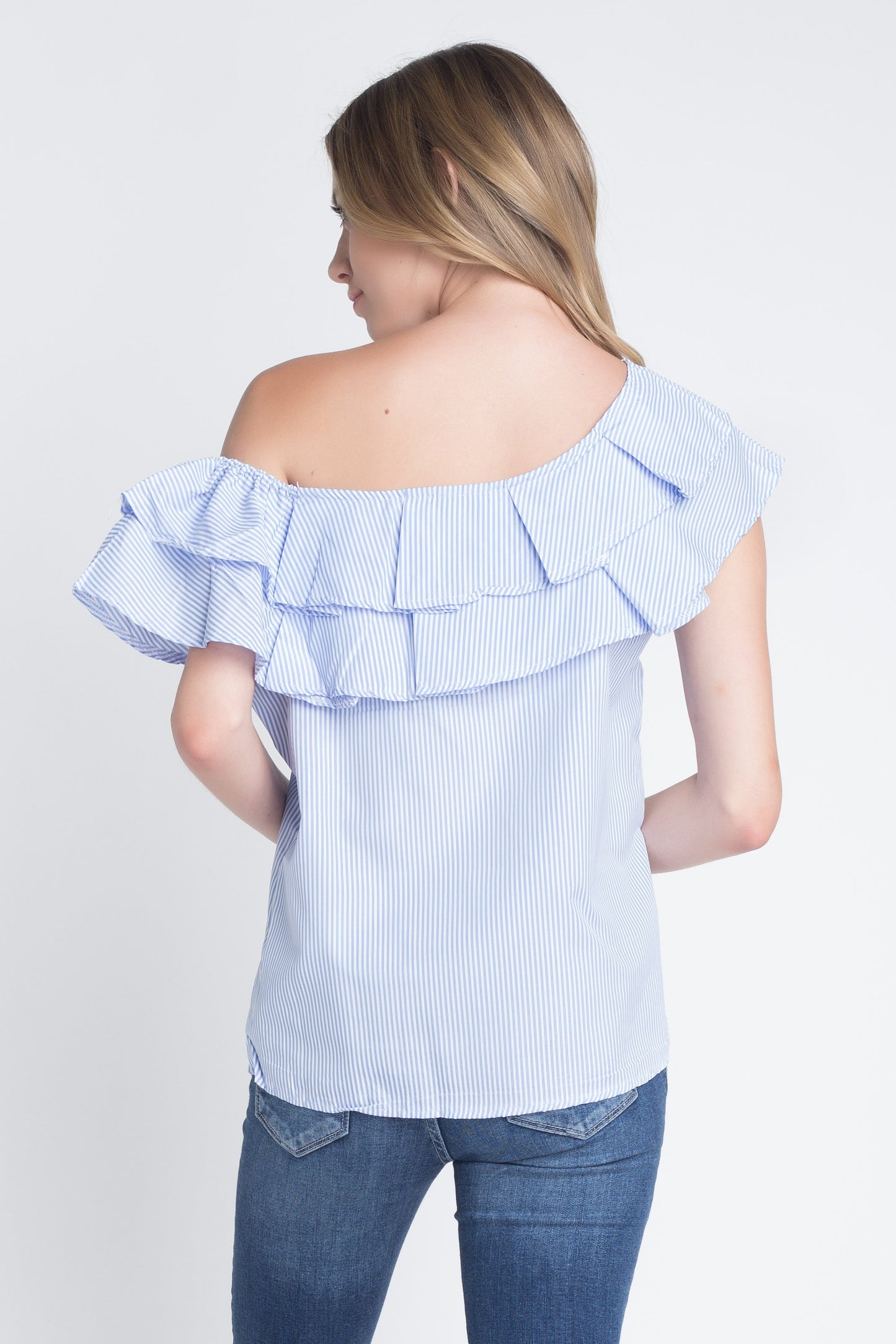 Off-Shoulder Striped Top with Ruffled Neckline