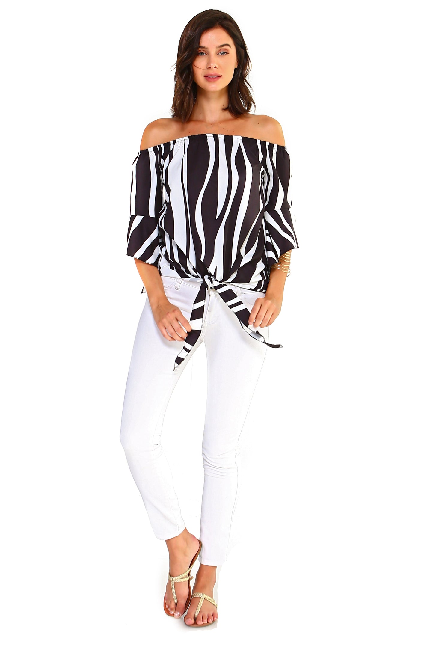 Stylish Off-Shoulder Striped Top with Front Tie Detail