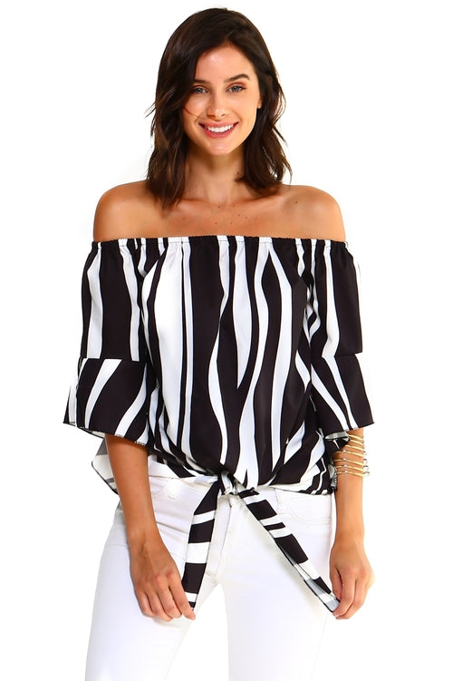 Stylish Off-Shoulder Striped Top with Front Tie Detail