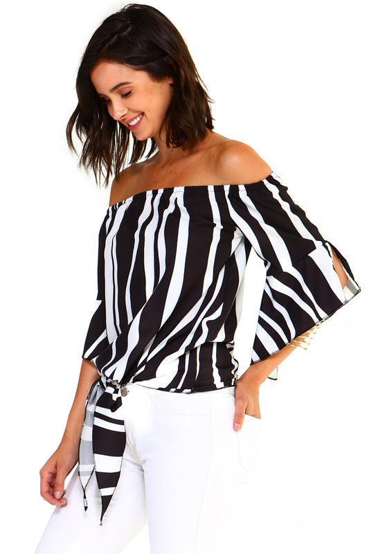 Stylish Off-Shoulder Striped Top with Front Tie Detail