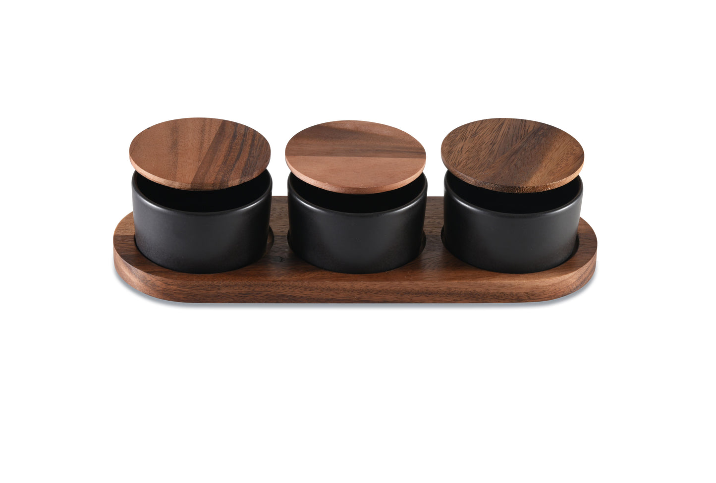 Black Ceramic Condiment Set on Acacia Wood Base