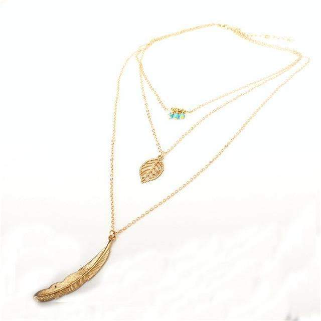 Turquoise Leaf Feather Multi-Layer Necklace – Boho Elegance