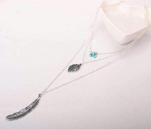 Turquoise Leaf Feather Multi-Layer Necklace – Boho Elegance